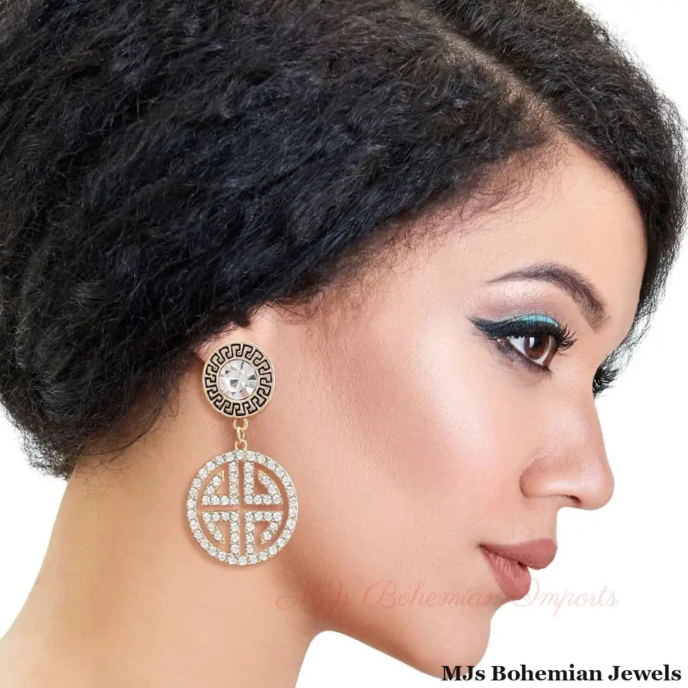 Gold Round Crystal Greek Key Earrings