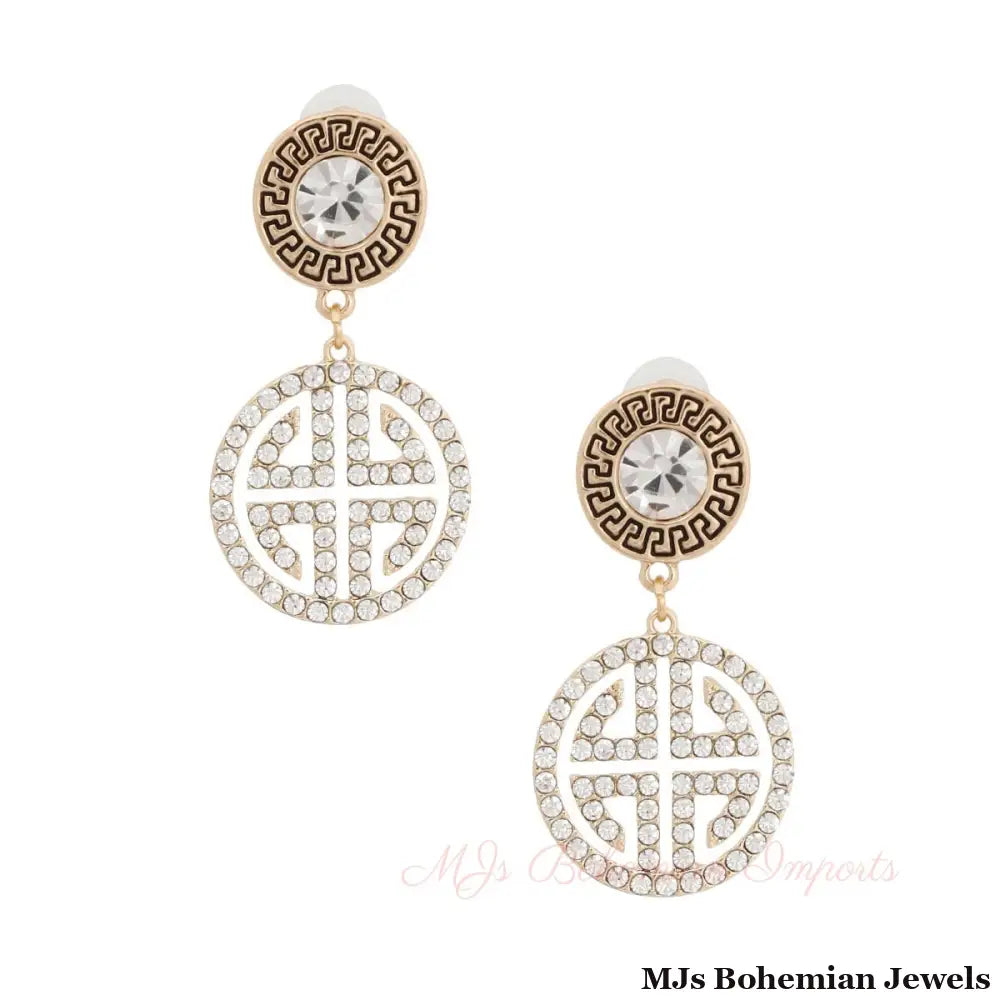 Gold Round Crystal Greek Key Earrings