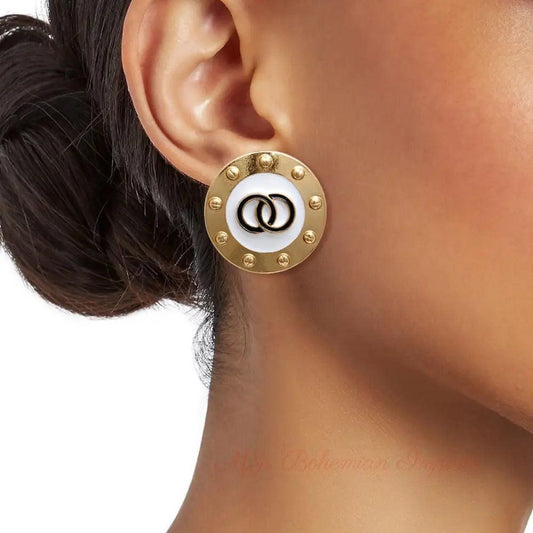 Gold Studded and White Earrings