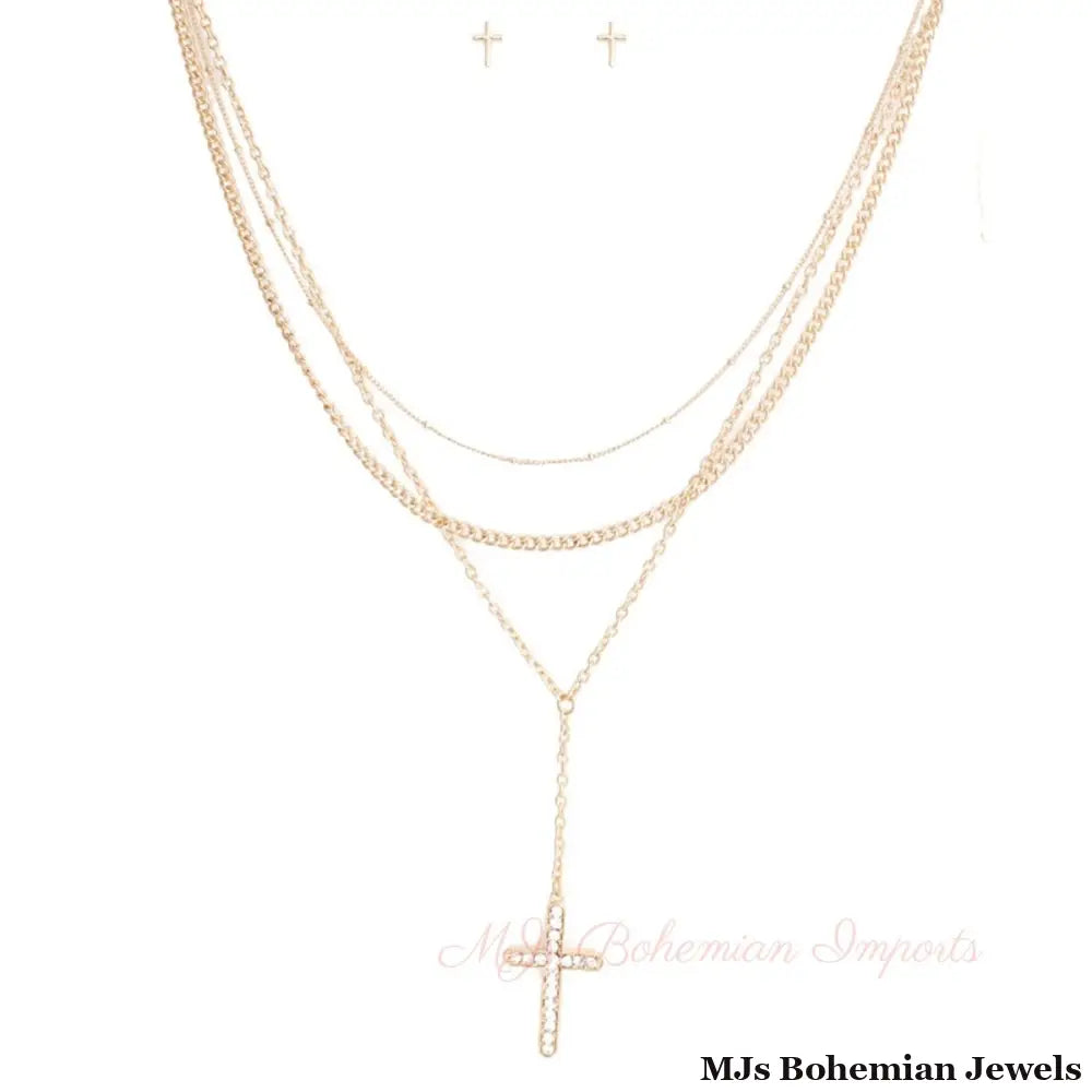 Gold Triple Chain Cross Set