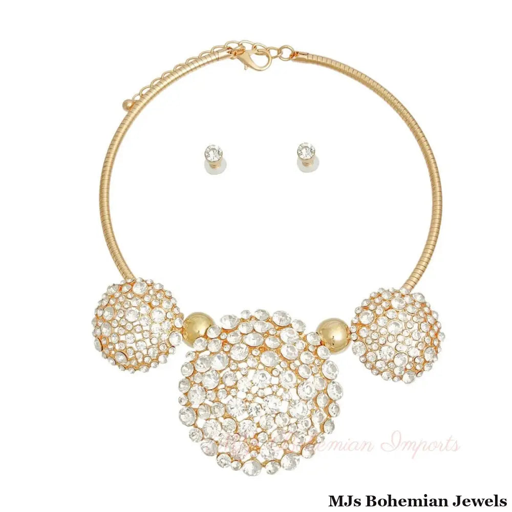 Gold Triple Rhinestone Dome Cluster Collar