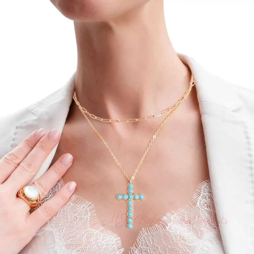 Gold Turquoise Stone Cross 2pc Necklace