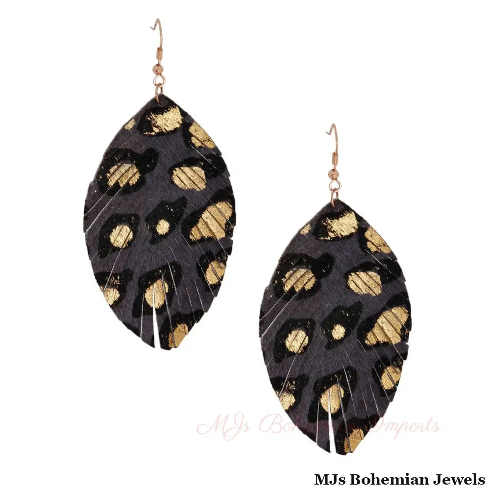 Gray Leopard Leather Feather Earrings