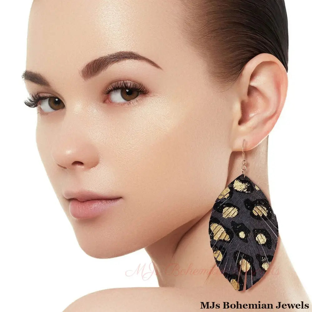 Gray Leopard Leather Feather Earrings