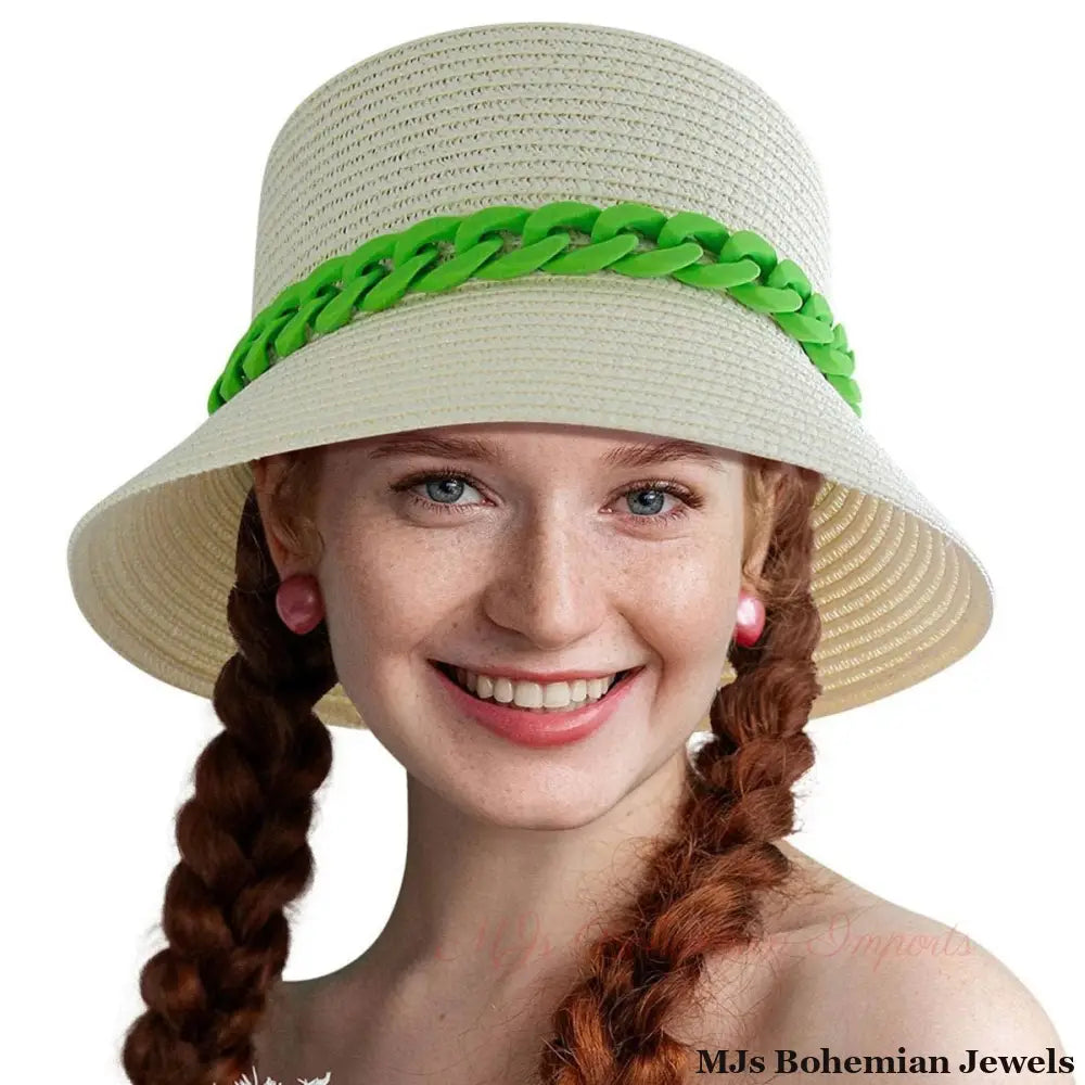 Green Chain Straw Bucket Hat