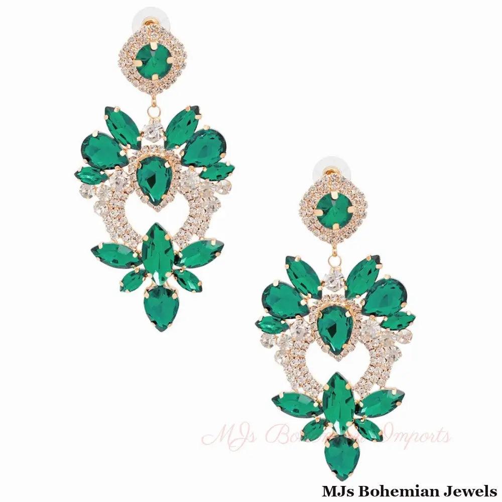 Green Glass Crystal Heart Earrings