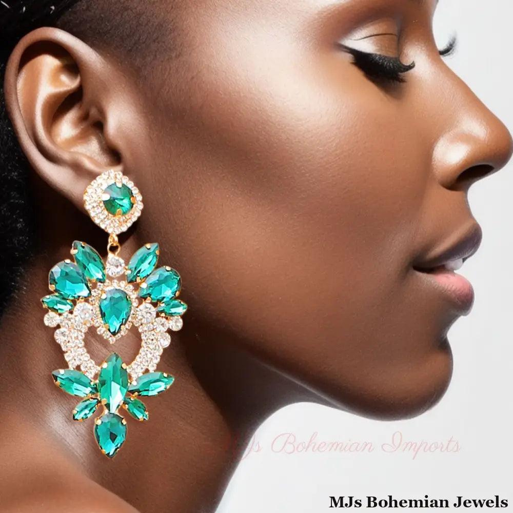 Green Glass Crystal Heart Earrings