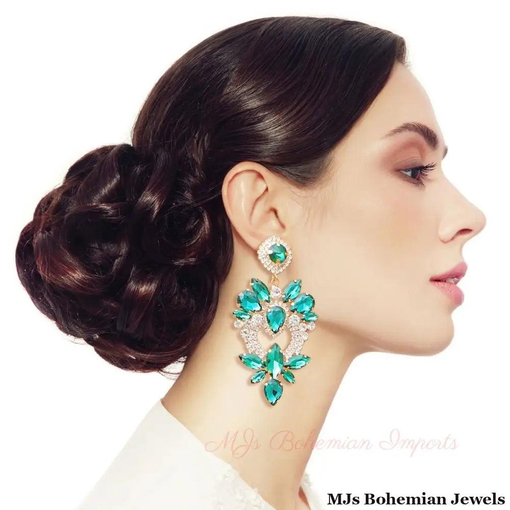 Green Glass Crystal Heart Earrings