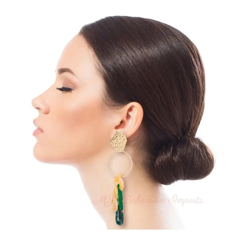 Green Link and Gold Drop Earrings