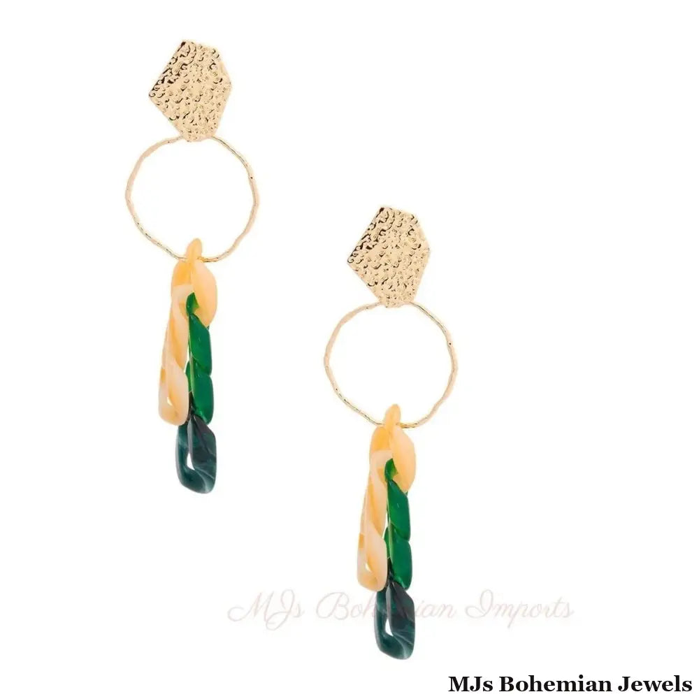 Green Link and Gold Drop Earrings