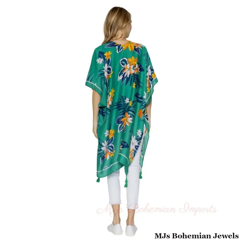 Green Tropical Floral Tassel Kimono