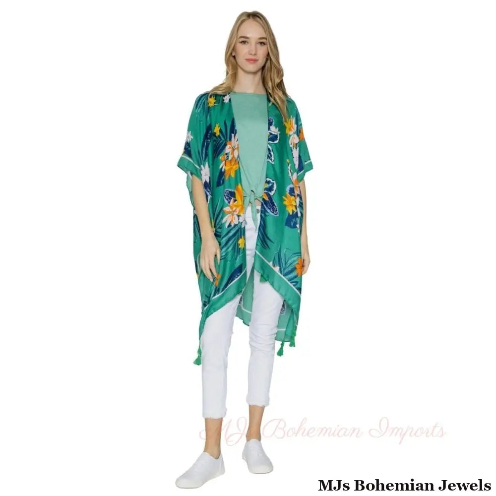 Green Tropical Floral Tassel Kimono