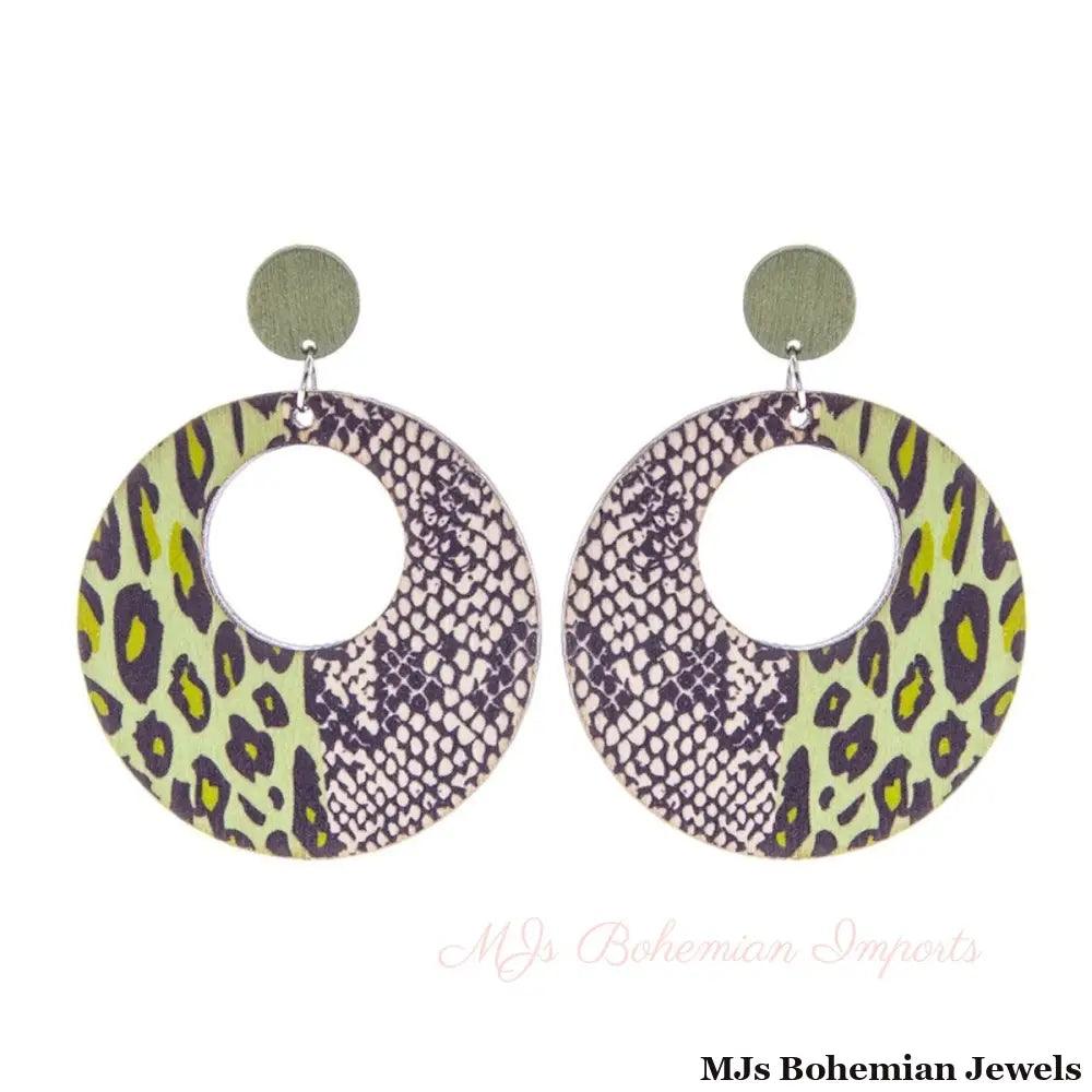 Green Wood Animal Print Earrings