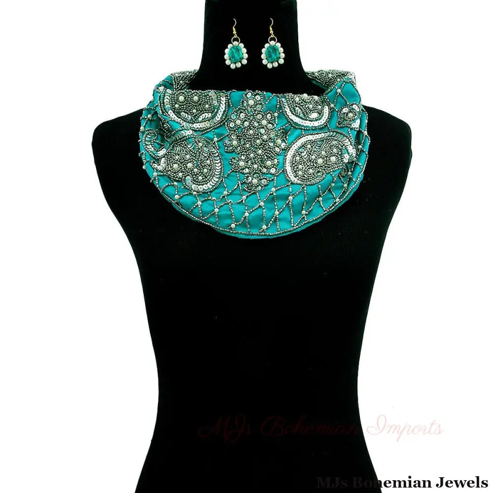 Handmade Teal Satin Scarf Necklace Set