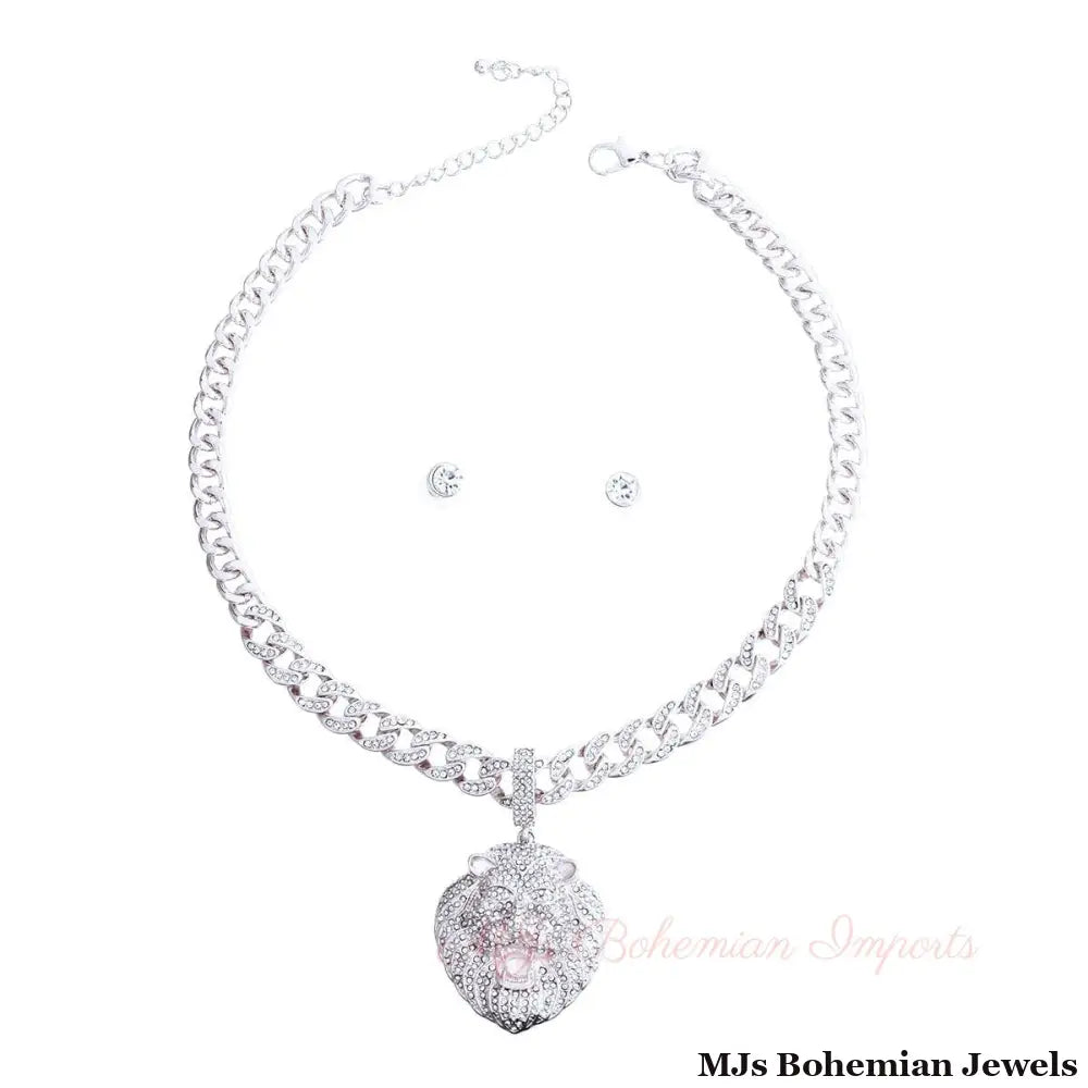 Iced Silver Cuban Chain Lion Necklace