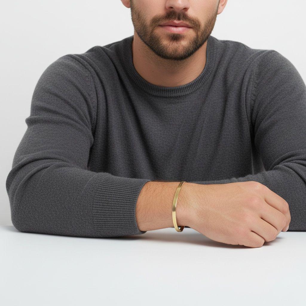 Mens 5.5mm Gold 18K Steel Herringbone Bracelet