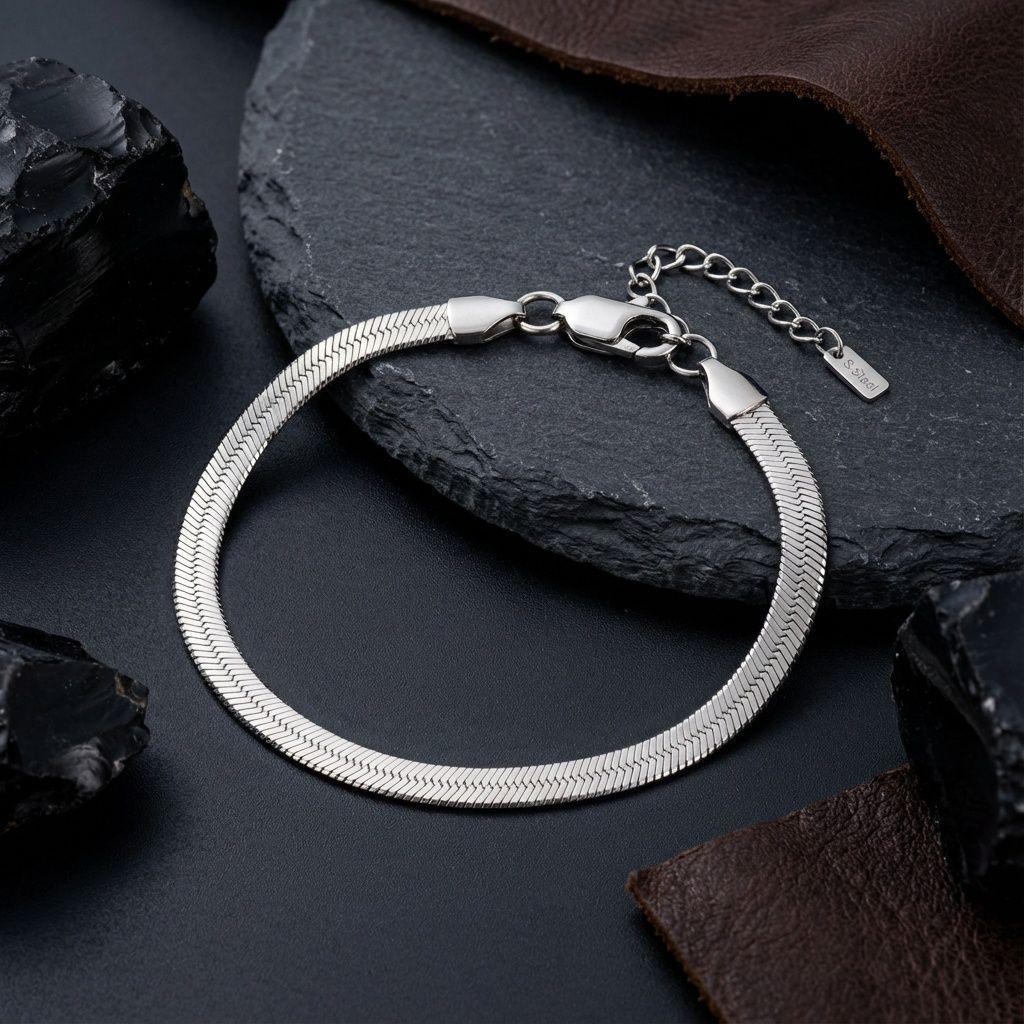 Mens 5.5mm Silver Steel Herringbone Chain Bracelet