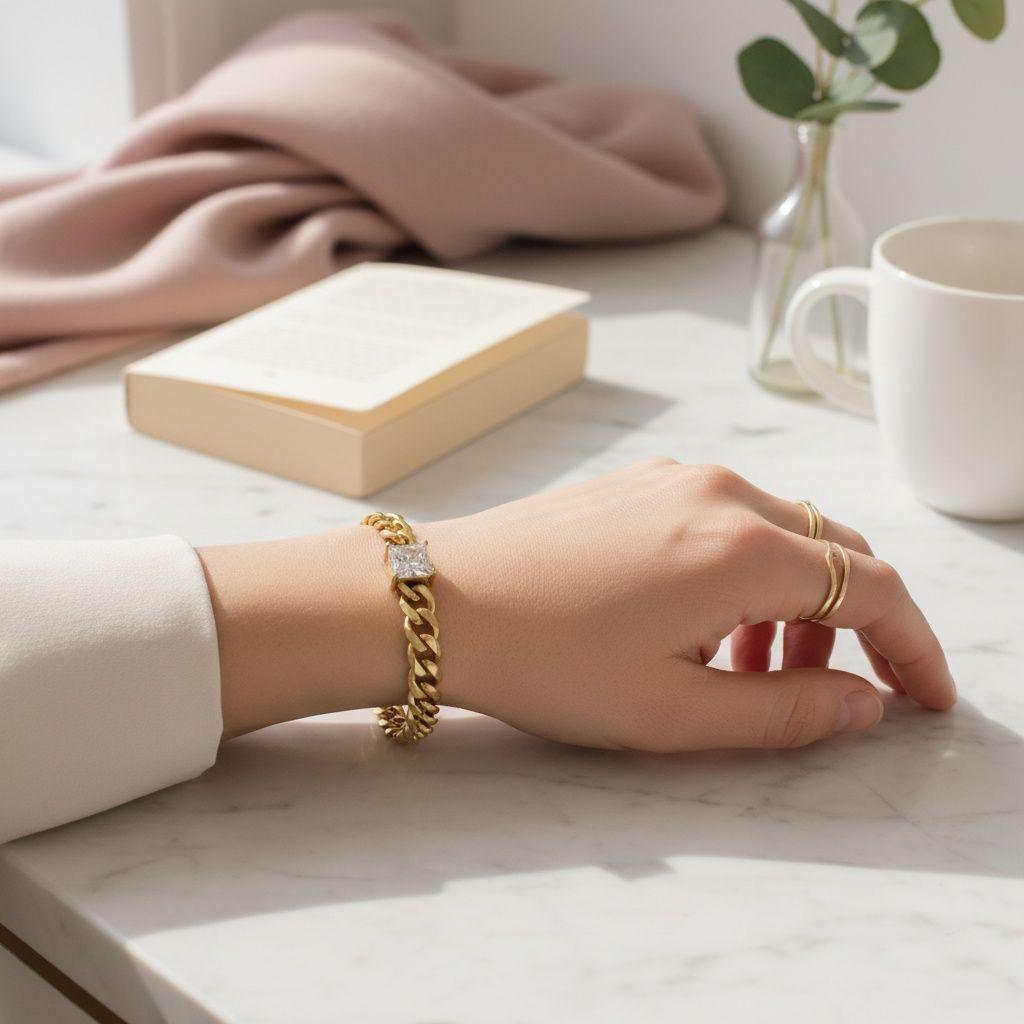 Gold 18K Steel Princess CZ Cuban Chain Bracelet