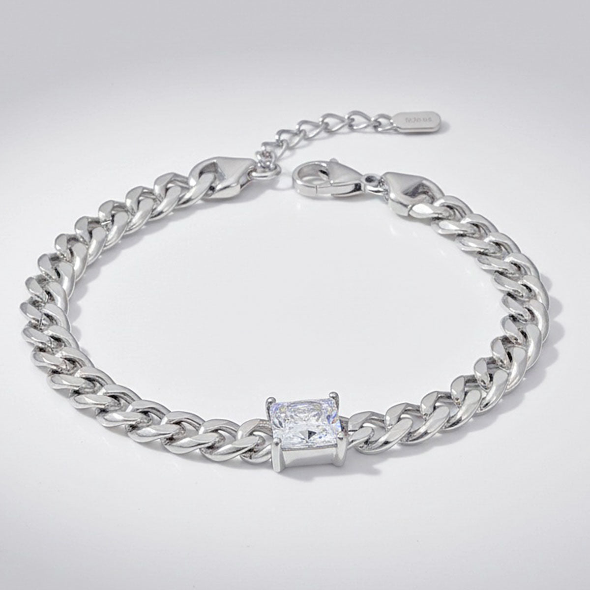 Silver Steel Princess CZ Cuban Chain Bracelet