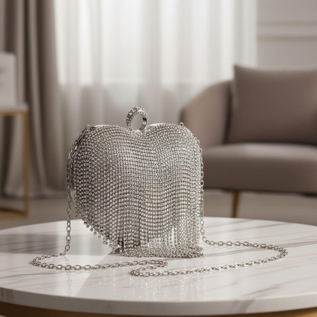 Clutch Silver Rhinestone Fringe Heart Hardcase Bag