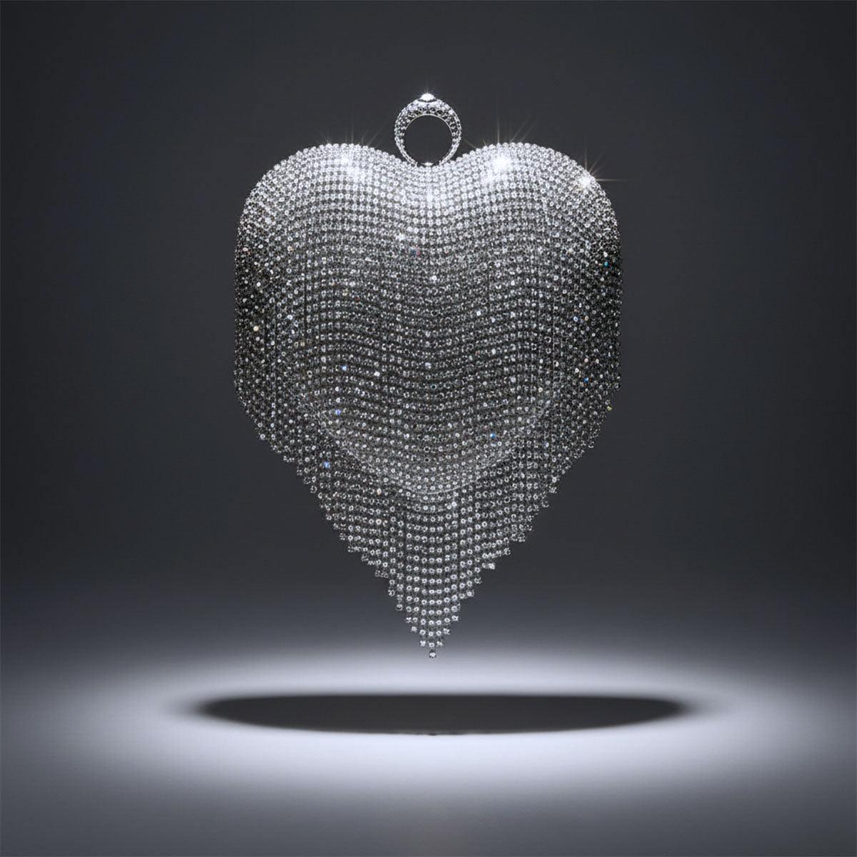 Clutch Silver Rhinestone Fringe Heart Hardcase Bag