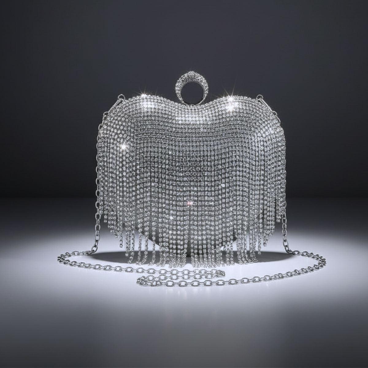 Clutch Silver Rhinestone Fringe Heart Hardcase Bag