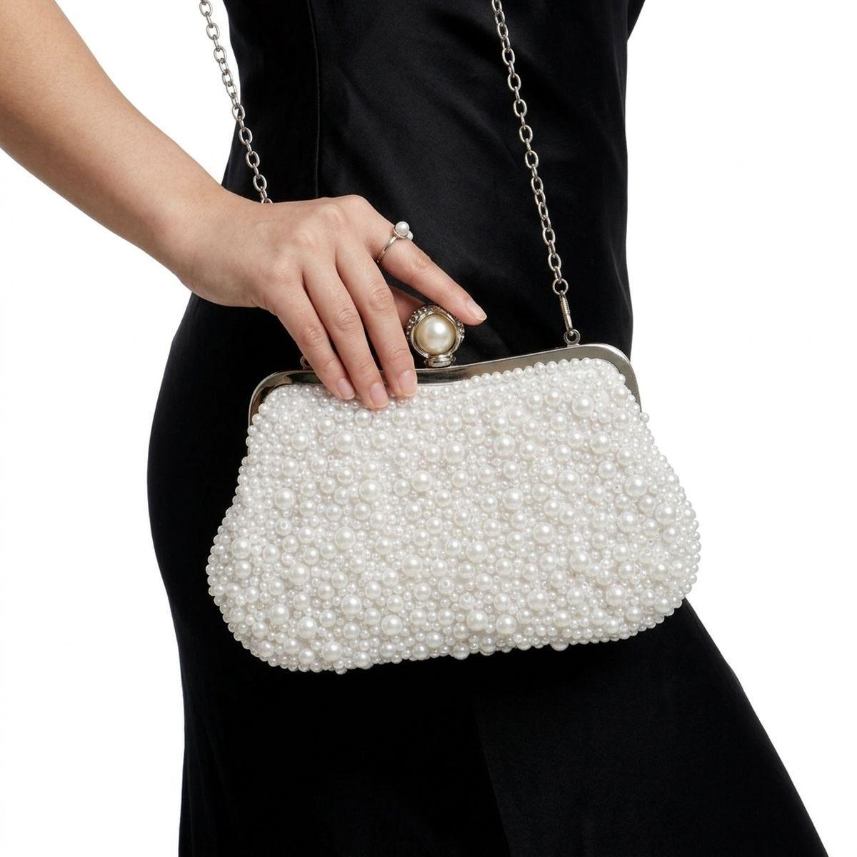 White Pearl Hand Sewn Bridal Clutch Evening Bag