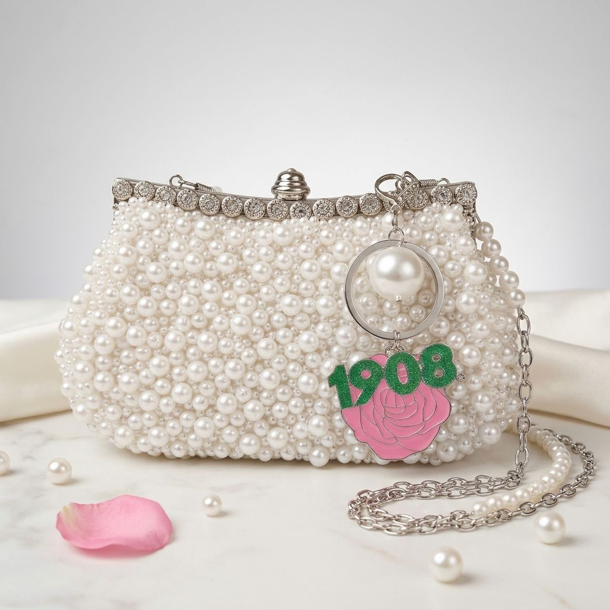AKA White Pearl Clutch with 1913 and Flower Charms