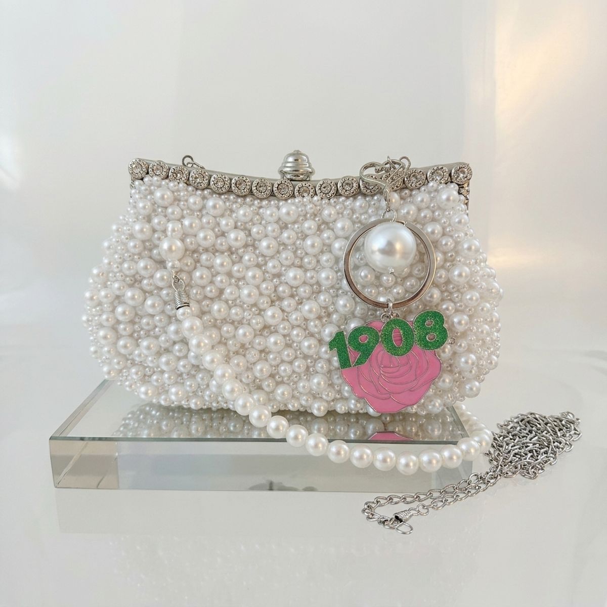 AKA White Pearl Clutch with 1913 and Flower Charms