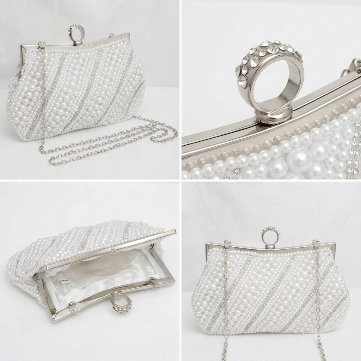 White Pearl Rhinestone Hand Sewn Evening Clutch