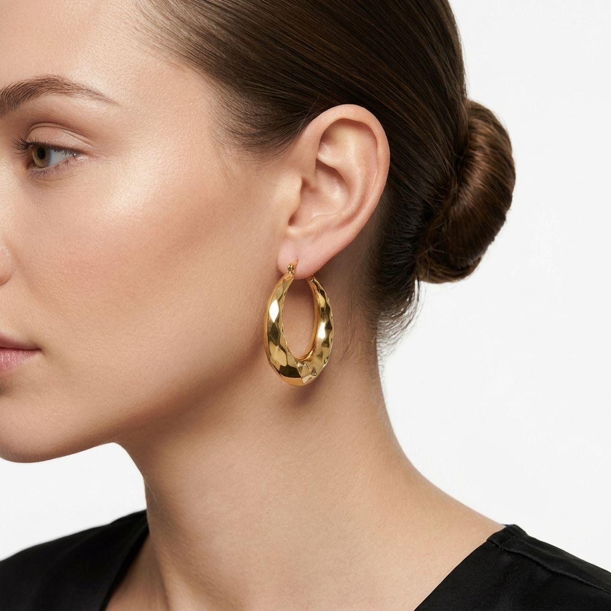 Hoop 18K Gold Stainless Diamond Cut Earrings