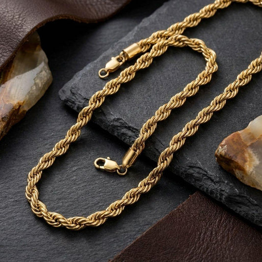 Mens 20in 8mm Gold 18K Stainless Steel Rope Chain
