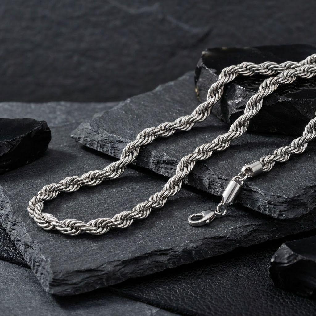 Mens 20in 8mm Silver Stainless Steel Rope Chain