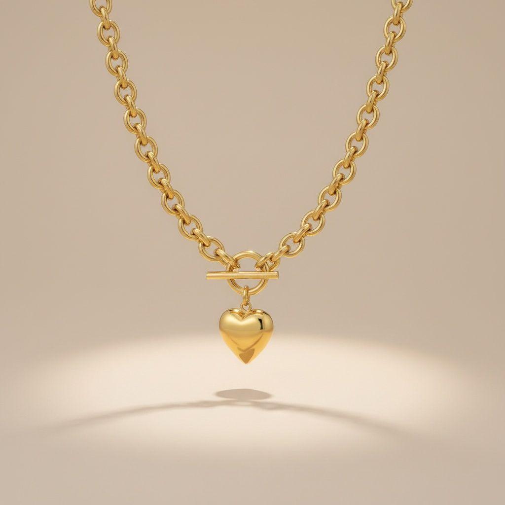 Gold 18K Steel Toggle Heart Rolo Chain Necklace