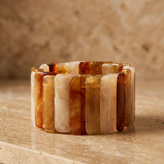 Stretch Marbled Brown Resin Rectangle Bracelet