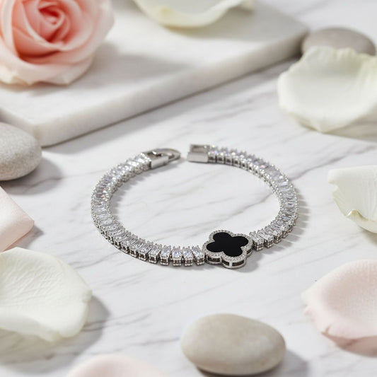 Tennis Silver CZ Baguette Black Quatrefoil Bracelet