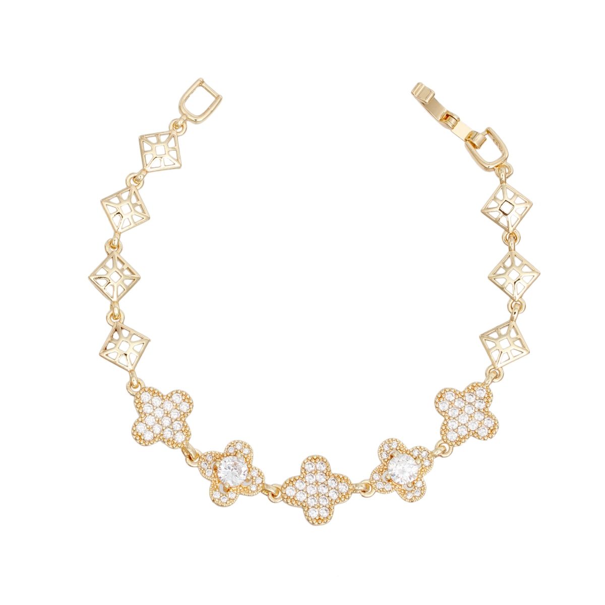 Tennis Bracelet Gold Brass CZ Clover Link Chain