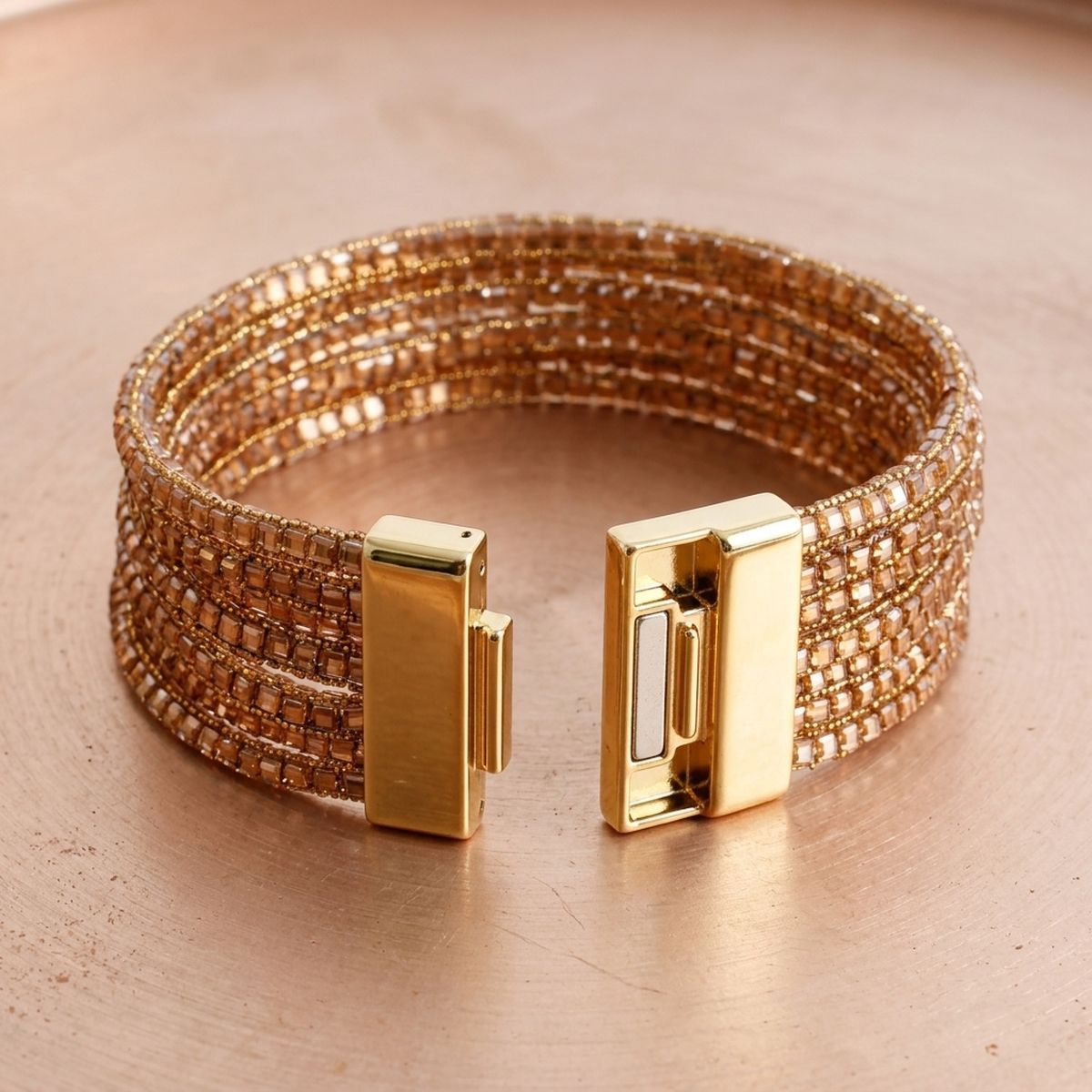 Gold 5 Strand Gold Stone Disco Ball Cuff Bracelet