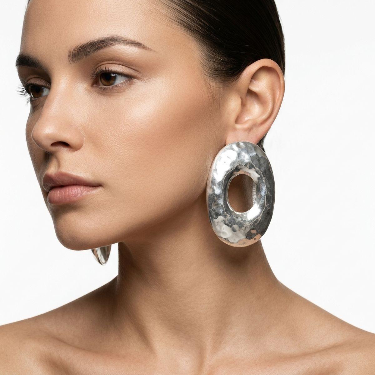 Stud Brushed Silver Hammered Domed Oval Earrings
