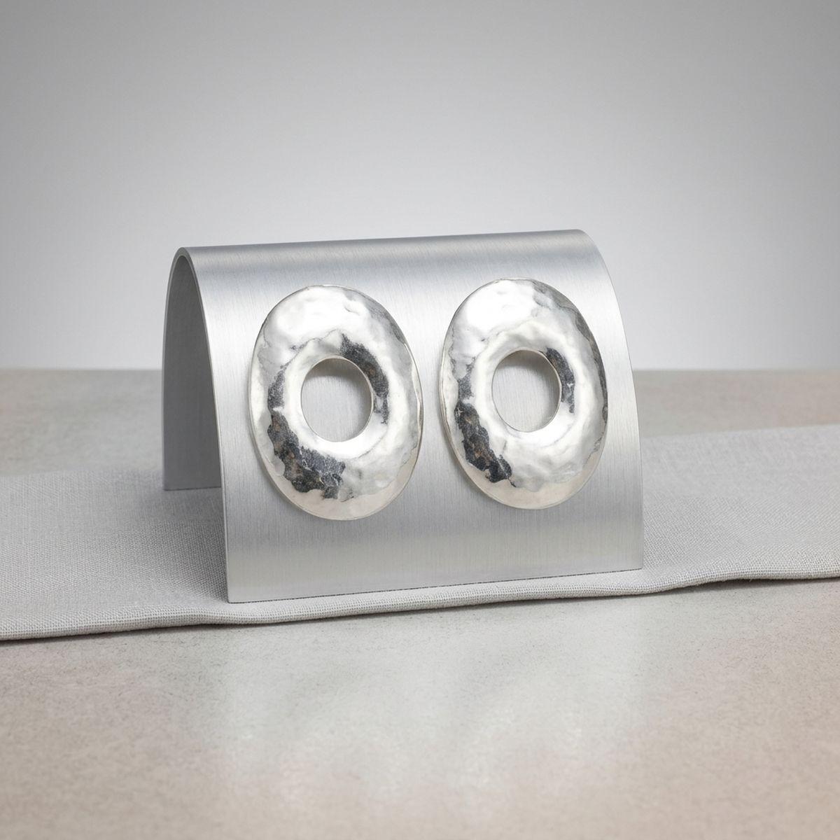 Stud Brushed Silver Hammered Domed Oval Earrings