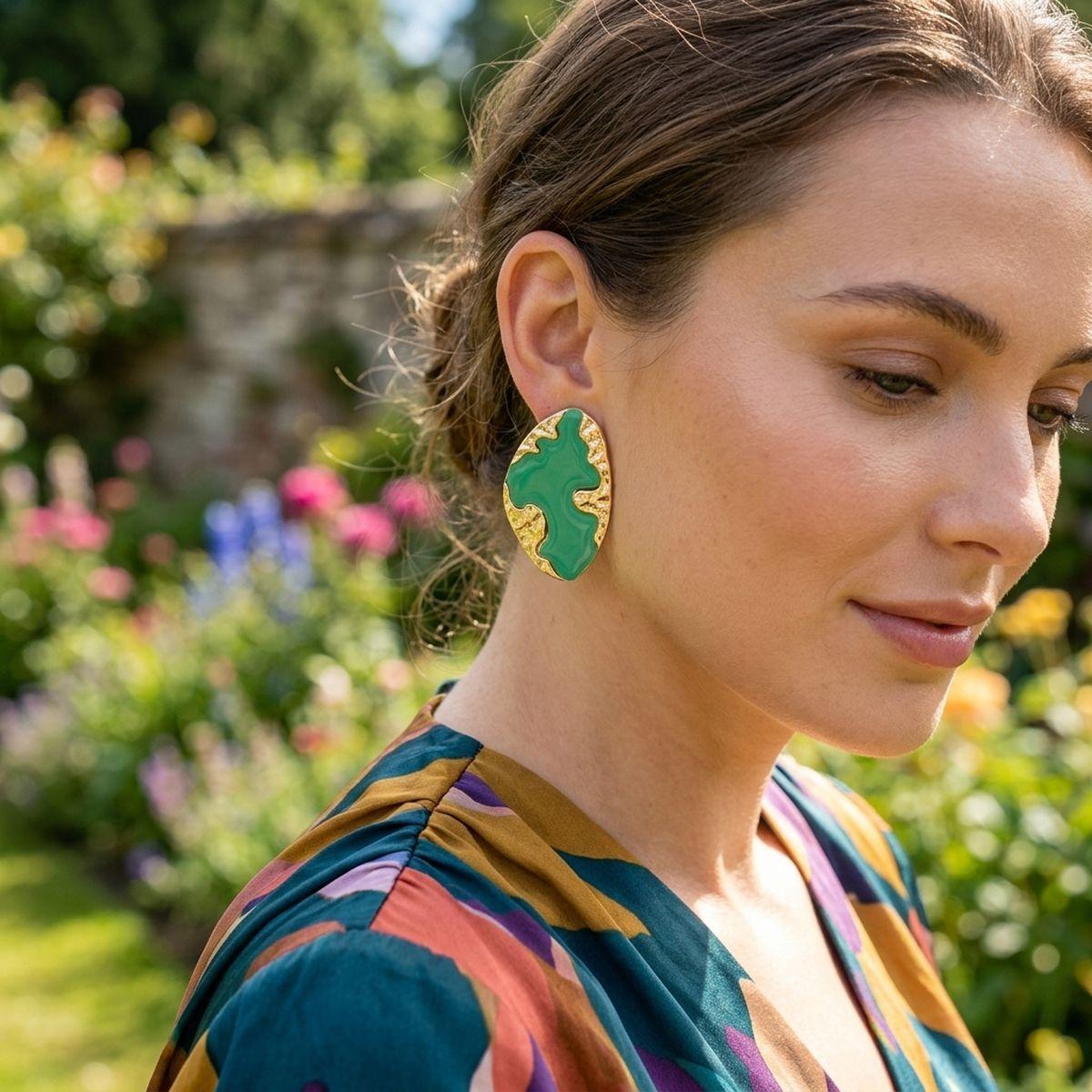 Stud Green and Gold Molten Metal Retro Earrings