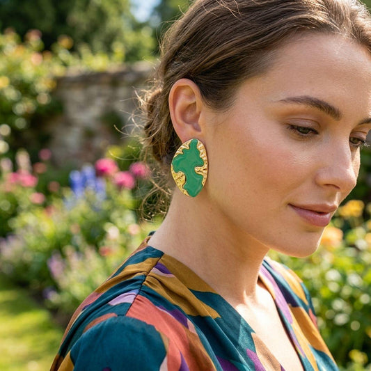 Stud Green and Gold Molten Metal Retro Earrings