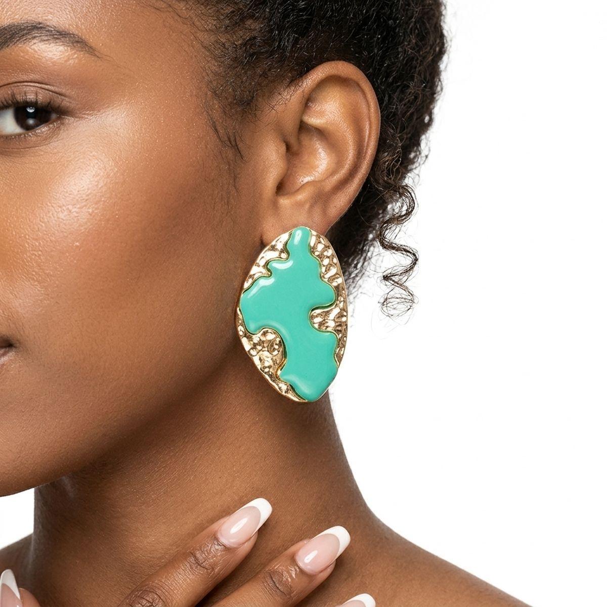Stud Green and Gold Molten Metal Retro Earrings