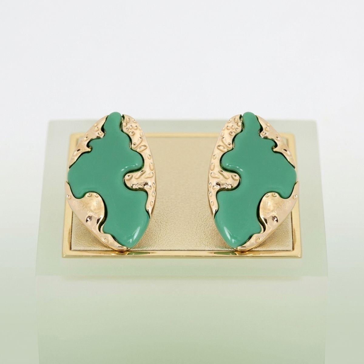 Stud Green and Gold Molten Metal Retro Earrings