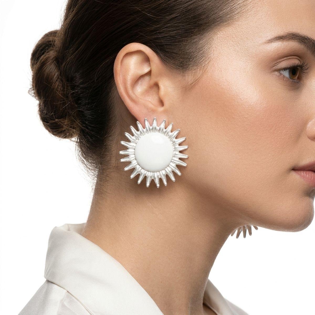 Stud Brushed Silver Domed Sun and Rays Earrings