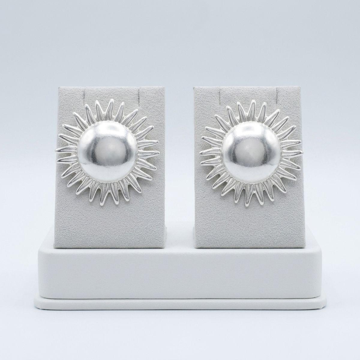 Stud Brushed Silver Domed Sun and Rays Earrings
