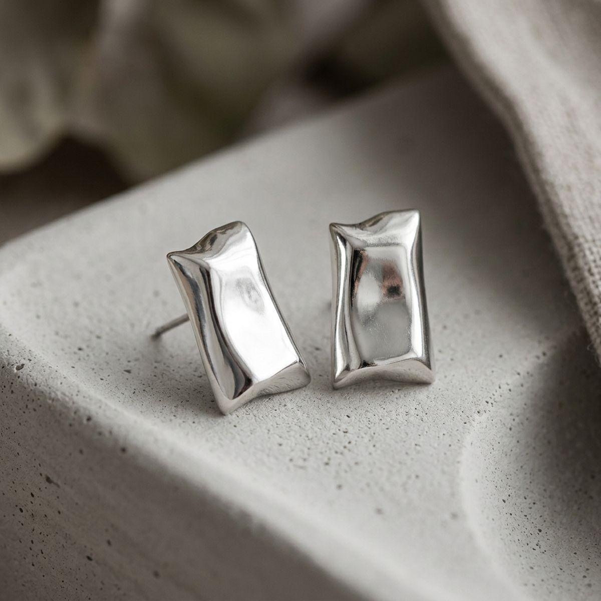 Stud Matte Silver Bent Rectangle Domed Earrings