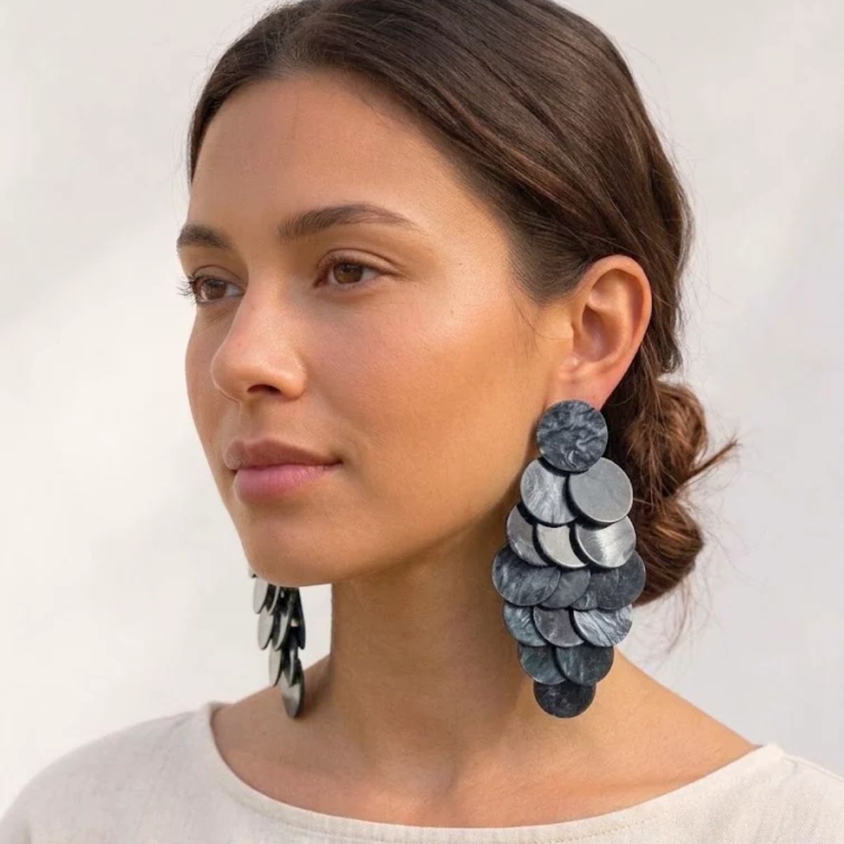Black Cascading Disc Chandelier Drop Earrings