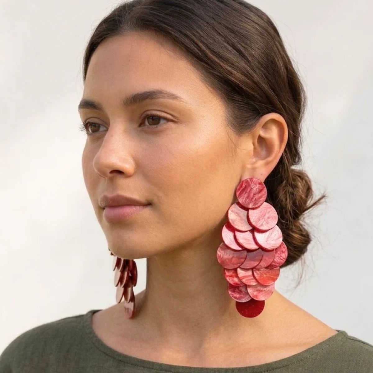 Red Cascading Disc Chandelier Drop Earrings