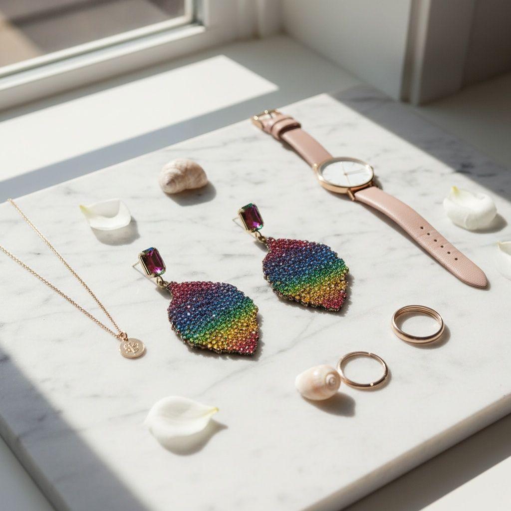 Drop Rainbow Rhinestone Encrusted Leaf Earrings